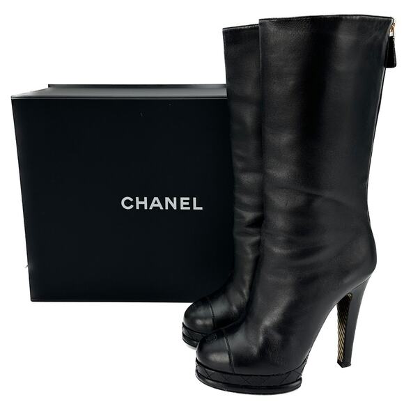 CHANEL Black Leather CC Cap Toe Quilter Platform Heel Boots IT 36 - Picture 1 of 15